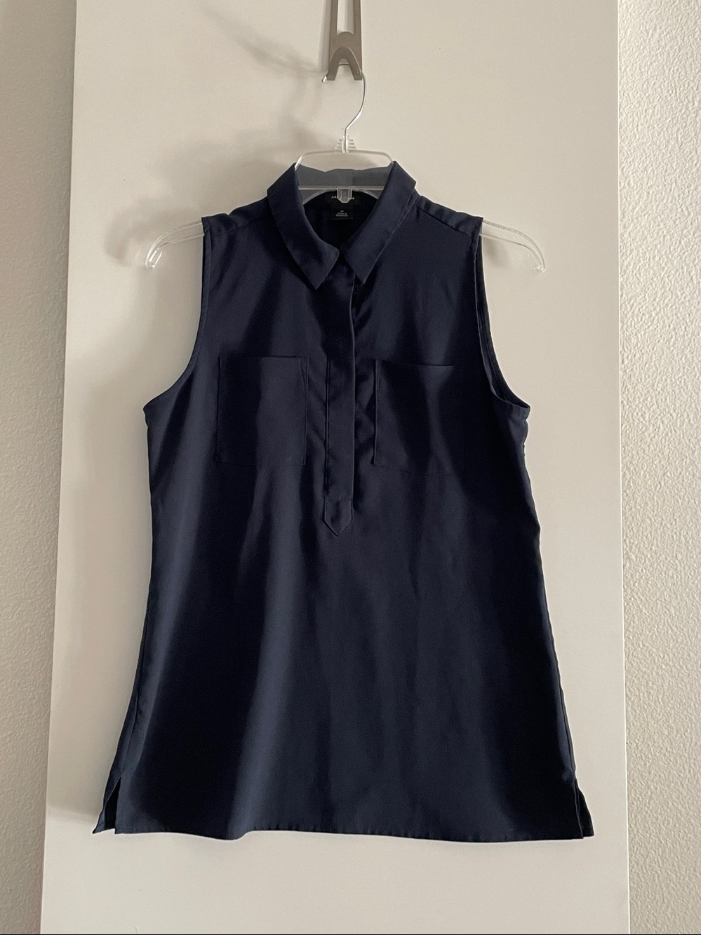 Navy Sleeveless Blouse Tunic Collared Top Easy Care Fabric